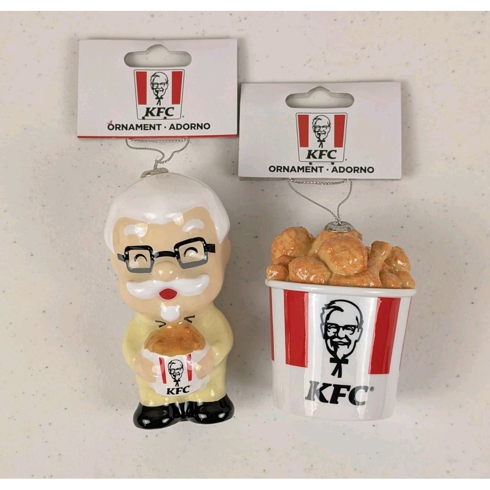 Ruz KFC Bucket of Chicken & Colonel Sanders Christmas Ornaments 4" Plastic Lot